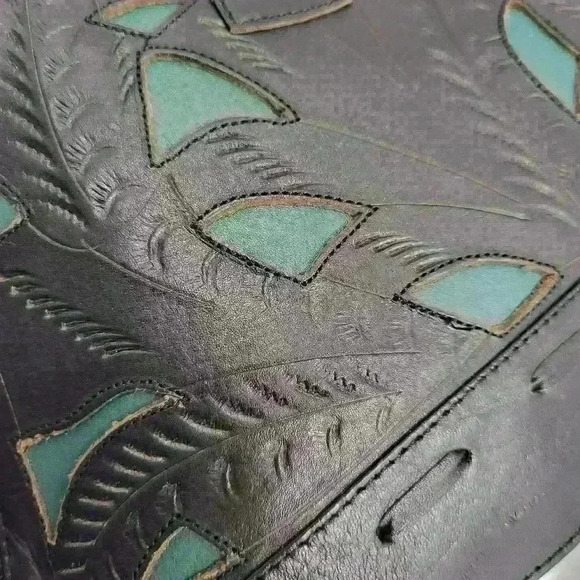 Leaders In Leather Black Hand Tooled Vtg Lined Shoulder Bag Made in Paraguay. - Picture 10 of 12